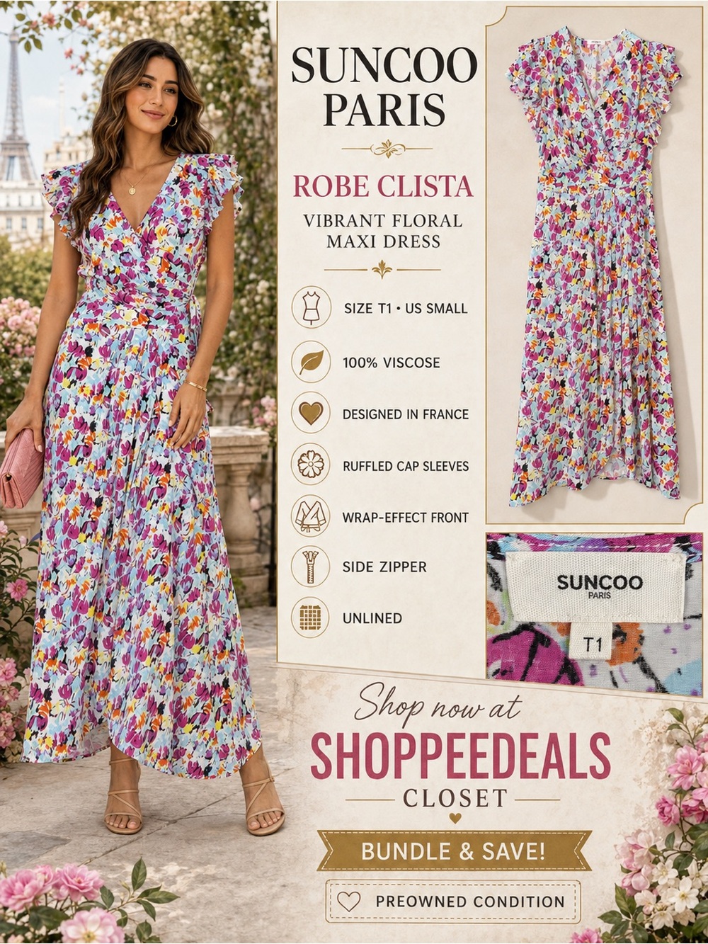 SUNCOO Paris Robe Clista Floral Ruffle Wrap Maxi Dress Size T1